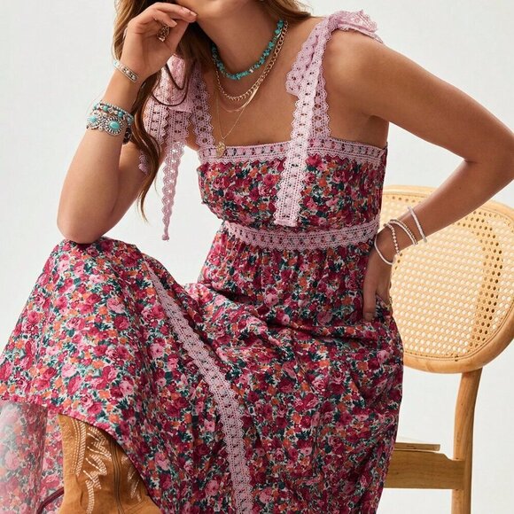 Pink Boho Women's Cowgirl Style Floral Lace Patchwork Dress - Picture 1 of 6